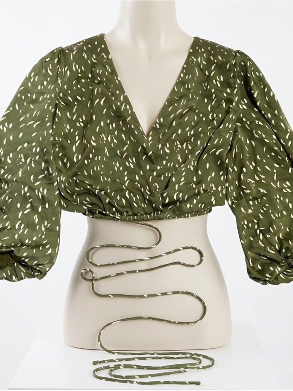 ASTR the Label Olive Green Satin Wrap Crop Top - White Dot Print - Size L
